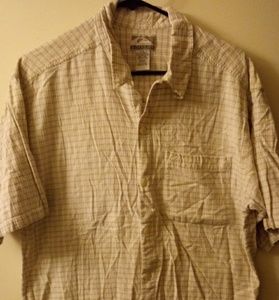 Quiksilver tan & white plaid button shirt.